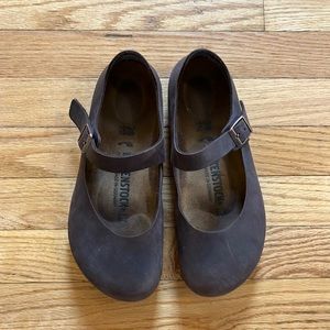 Birkenstock Mary Jane Style Buckle Shoes Brown Oiled Leather